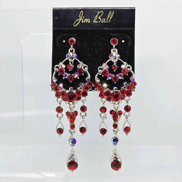 Jim Ball Red Swarovski Crystal Chandelier Statement Earrings NEW CHRISTMAS - Picture 1 of 4